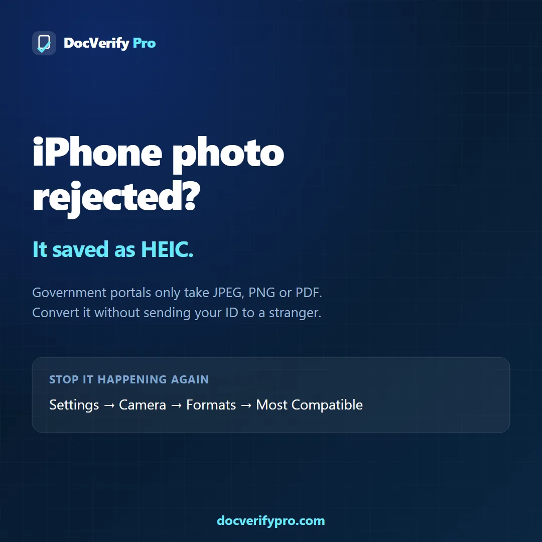 Notice explaining that an iPhone photo was rejected because it saved as HEIC
